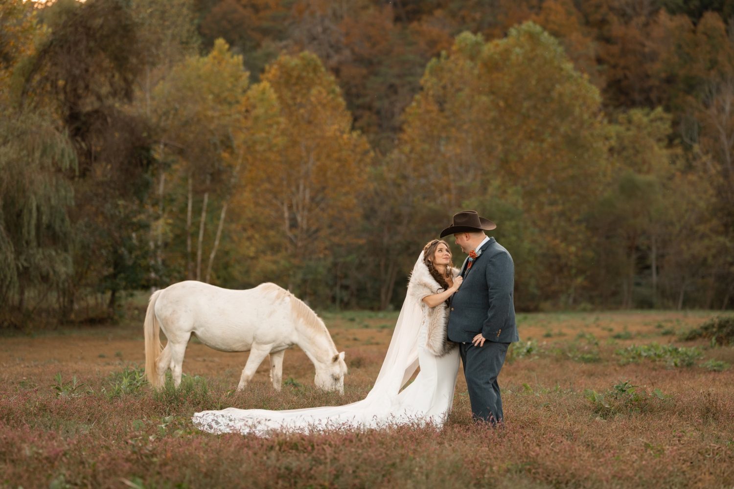 Wedding couple in Western dress and cowboy hat in a fall field with the white horse named Sugar at Honeysuckle Hills in Pigeon Forge